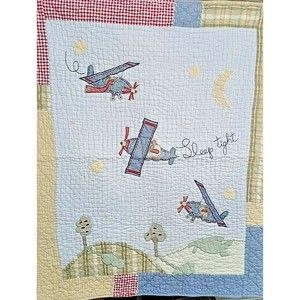 Sumersault Baby Boy Quilted Airplane 100% Cotton Crib Blanket Blue 44"x36"